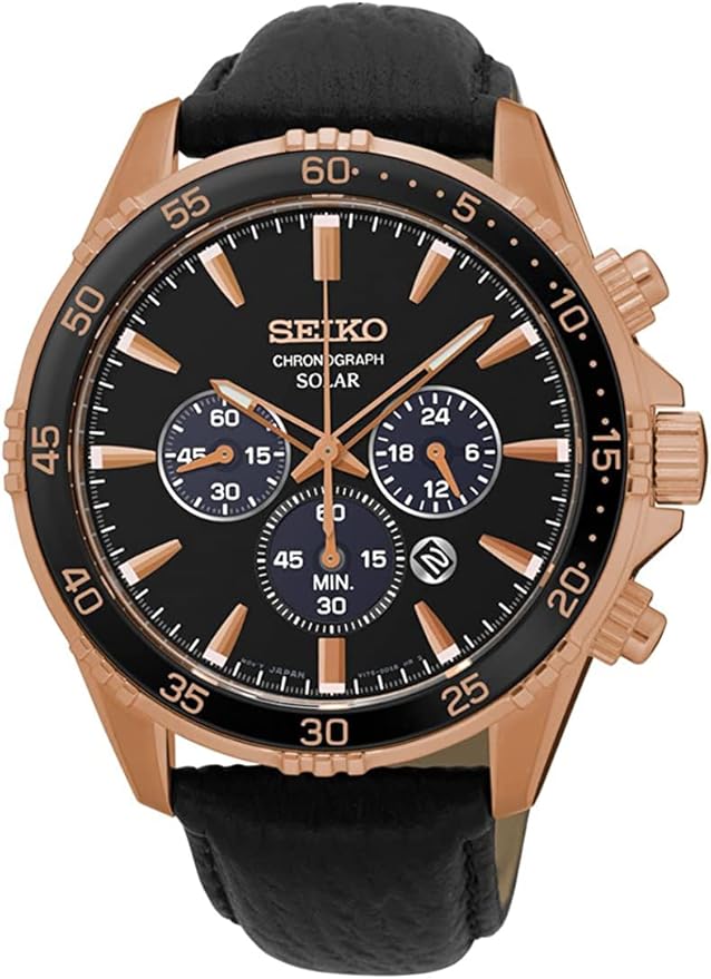 Seiko Solar Black Dial Rose Gold Chronograph Leather Band Mens Watch WatchDeals